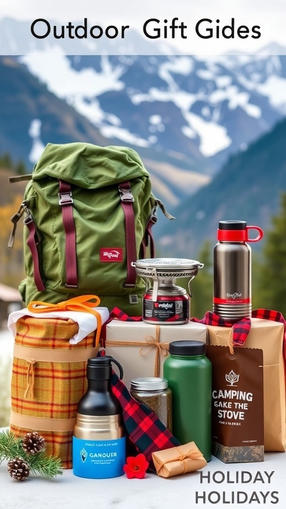 Outdoor gift ideas for Christmas including camping gear and accessories displayed in a scenic outdoor setting.